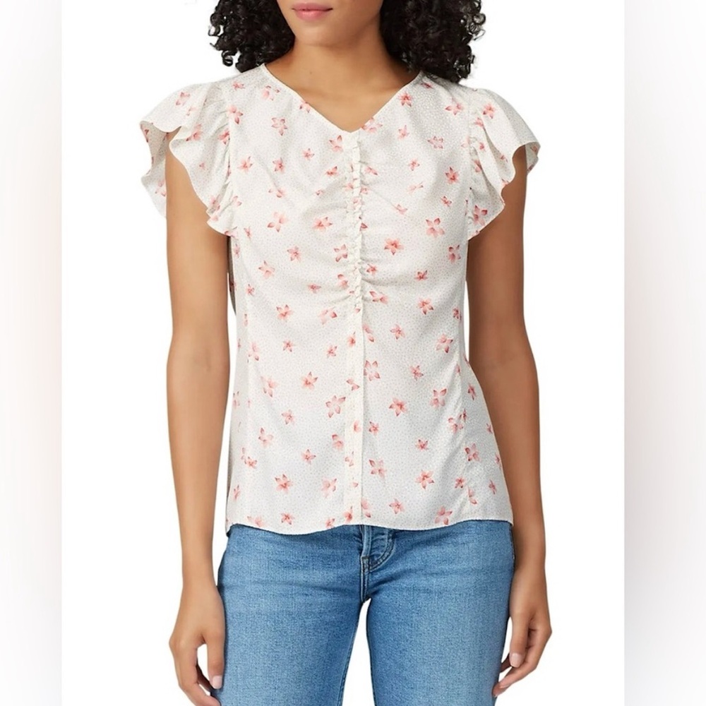 Rebecca Taylor Maui Fleur Dot Floral Silk Blend Ruffle Blouse Size 4 Romantic